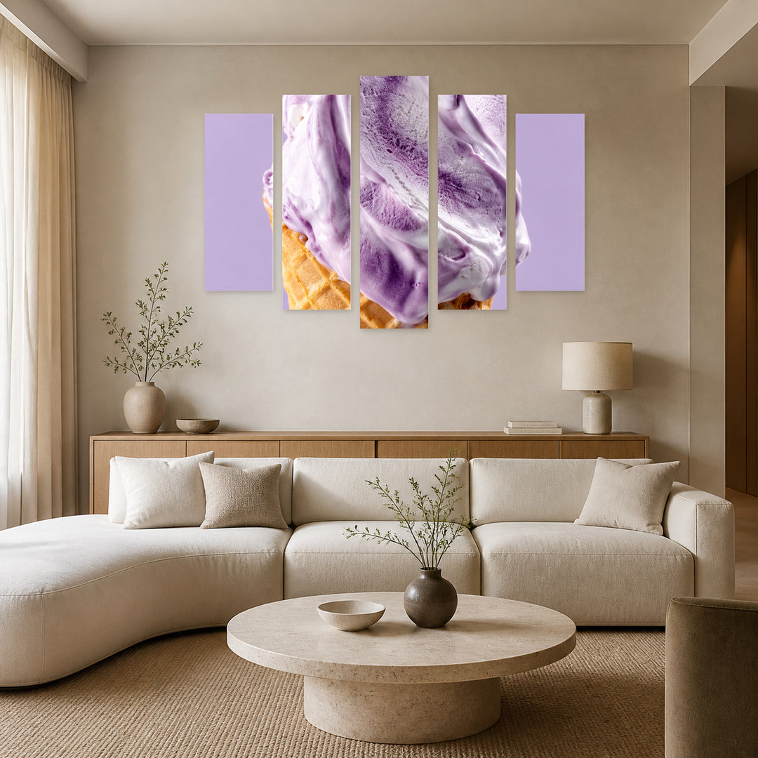 Violet Ice Cream with Geometric Rhythm — five-panel wall art in alternate frontal interior | 5wallart 57528 M4