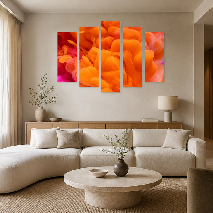 Orange Smoke Modern Composition — five-panel wall art in frontal interior | 5wallart 57529 M3