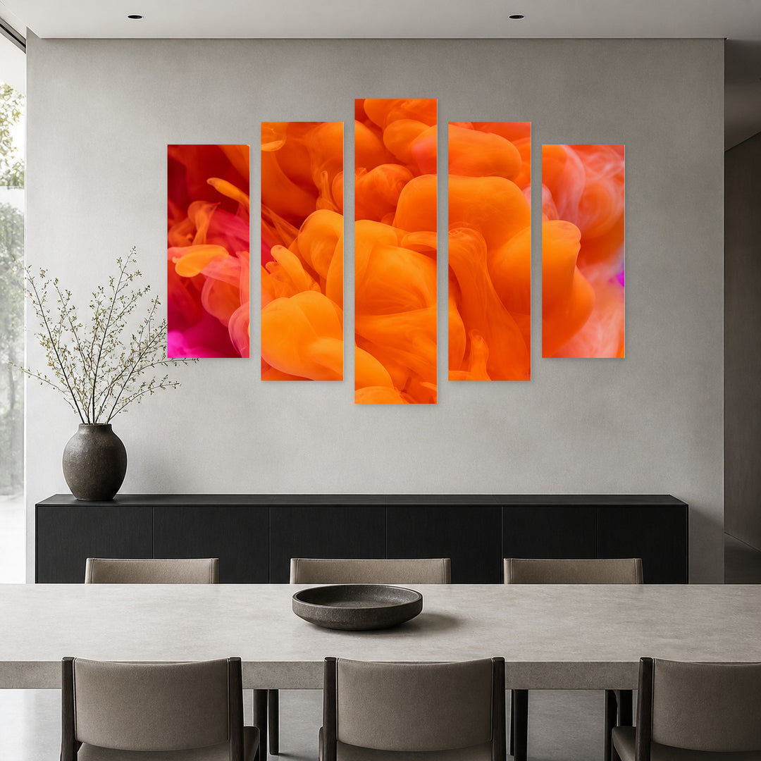 Orange Smoke Modern Composition — five-panel wall art in alternate frontal interior | 5wallart 57529 M4