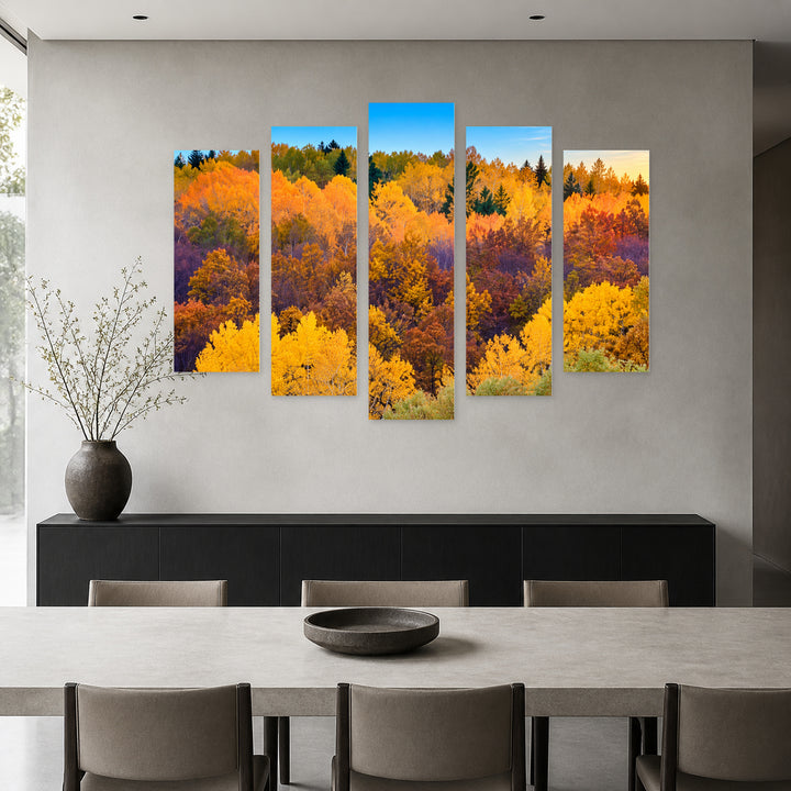 Colorful Forest at Golden Sunset — five-panel wall art in frontal interior | 5wallart 57532 M3