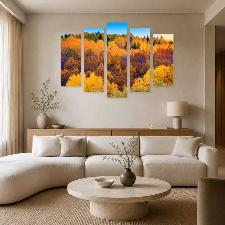 Colorful Forest at Golden Sunset — five-panel wall art in alternate frontal interior | 5wallart 57532 M4