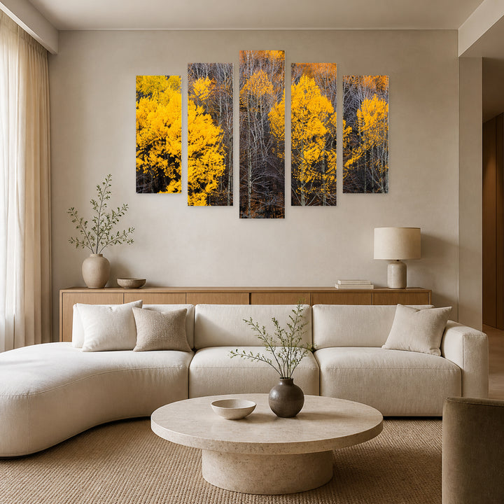 Nature in Yellow with Geometric Rhythm — five-panel wall art in frontal interior | 5wallart 57533 M3
