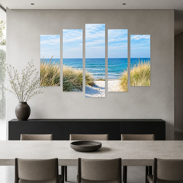 Beach Path with Dreamlike Atmosphere — five-panel wall art in alternate frontal interior | 5wallart 57535 M4