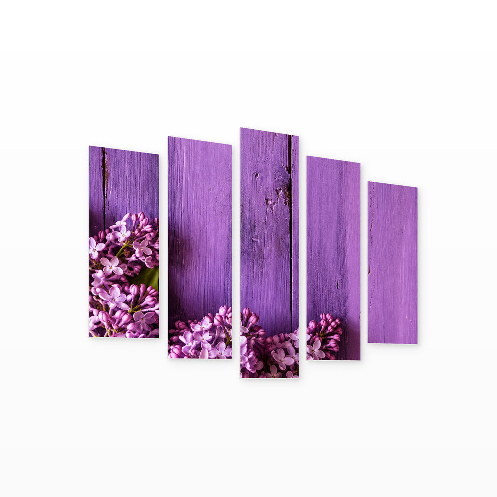 I Love Purple with Geometric Rhythm — five-panel wall art on white background in perspective | 5wallart 57536 M1