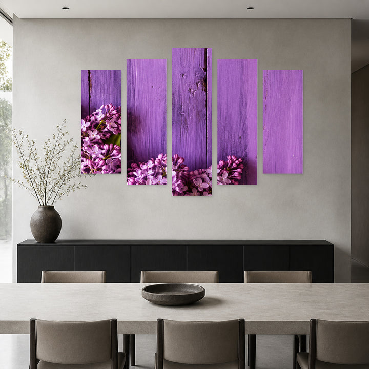 I Love Purple with Geometric Rhythm — five-panel wall art in frontal interior | 5wallart 57536 M3