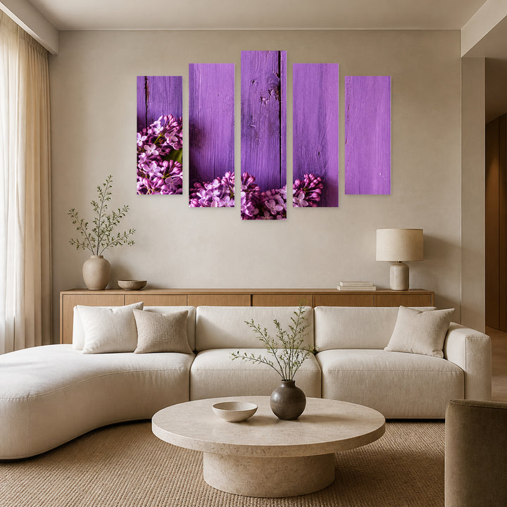 I Love Purple with Geometric Rhythm — five-panel wall art in alternate frontal interior | 5wallart 57536 M4