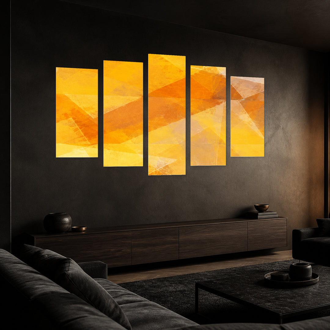 Rectangles with Geometric Rhythm — five-panel wall art in perspective interior | 5wallart 57537 M2
