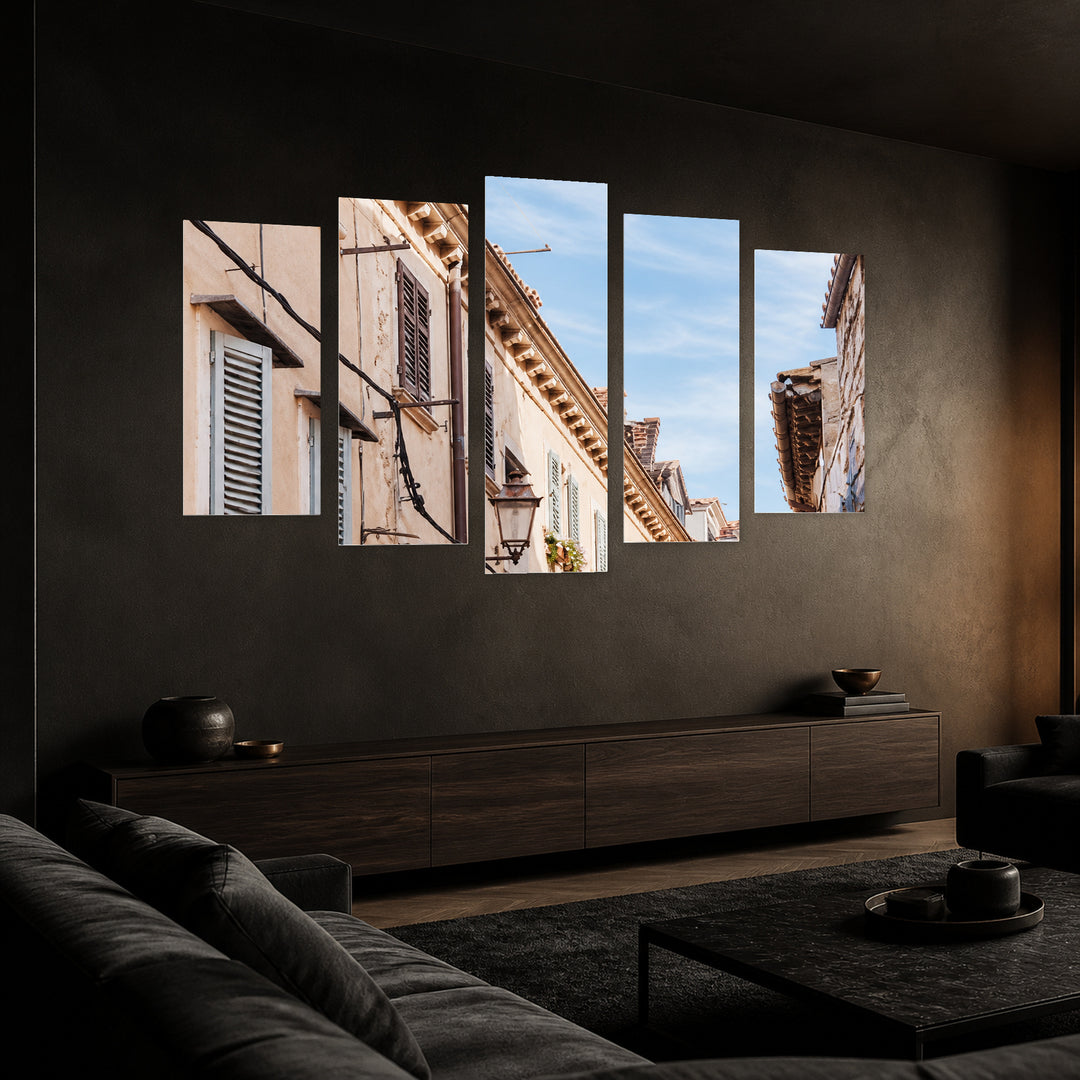 Sunday with Geometric Rhythm — five-panel wall art in perspective interior | 5wallart 57539 M2
