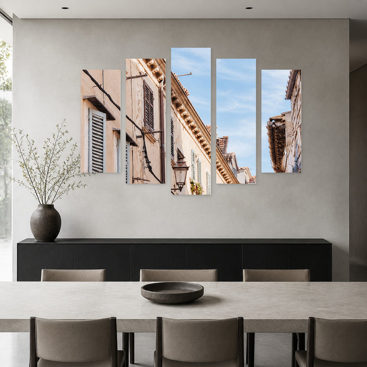 Sunday with Geometric Rhythm — five-panel wall art in alternate frontal interior | 5wallart 57539 M4