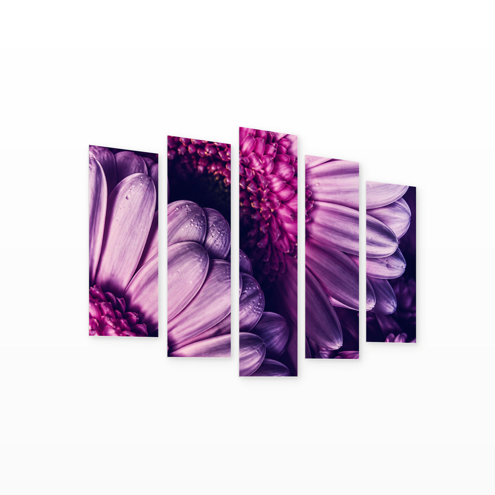 Purple Gerberas with Geometric Rhythm — five-panel wall art on white background in perspective | 5wallart 57541 M1