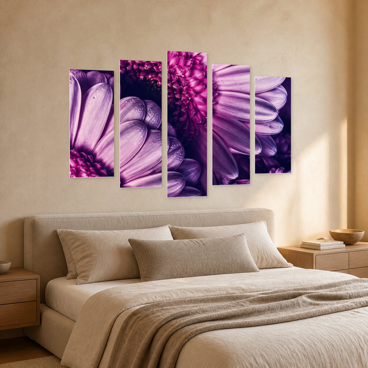Purple Gerberas with Geometric Rhythm — five-panel wall art in perspective interior | 5wallart 57541 M2