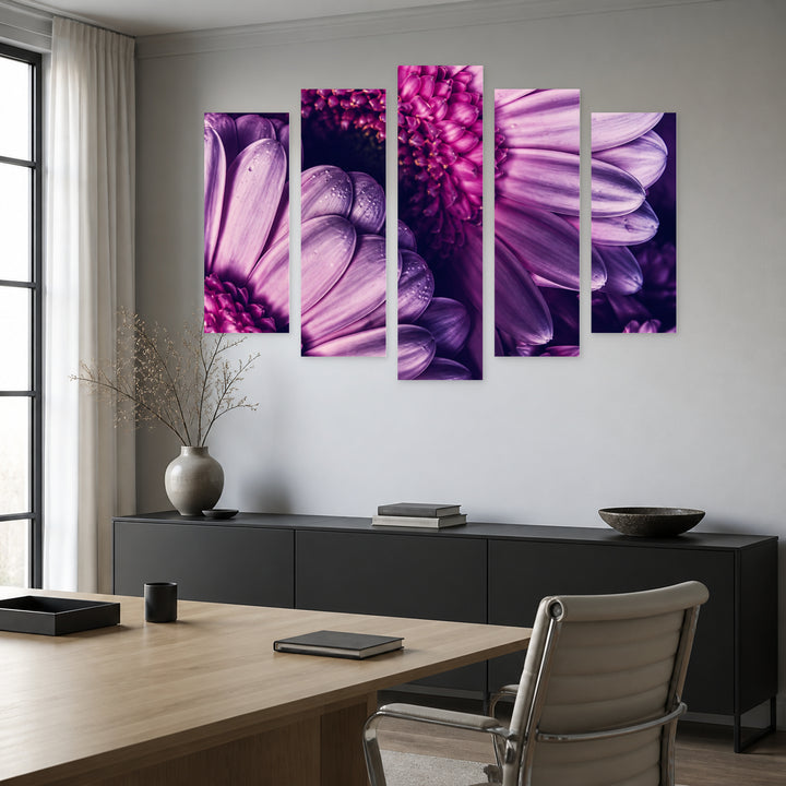 Purple Gerberas with Geometric Rhythm — five-panel wall art in alternate frontal interior | 5wallart 57541 M4