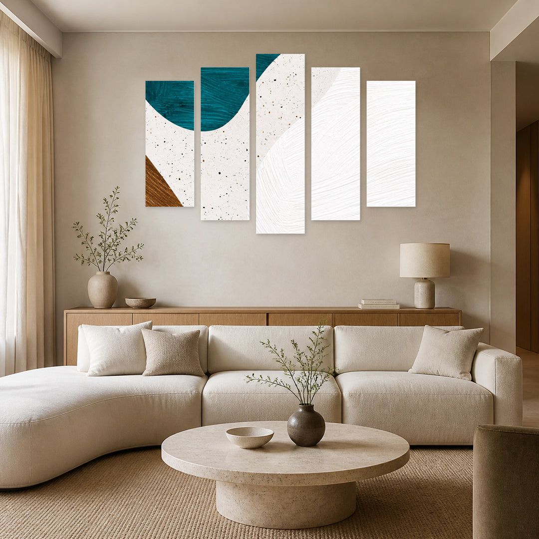 Turquoise Minimalism in Serene Light — five-panel wall art in alternate frontal interior | 5wallart 57542 M4