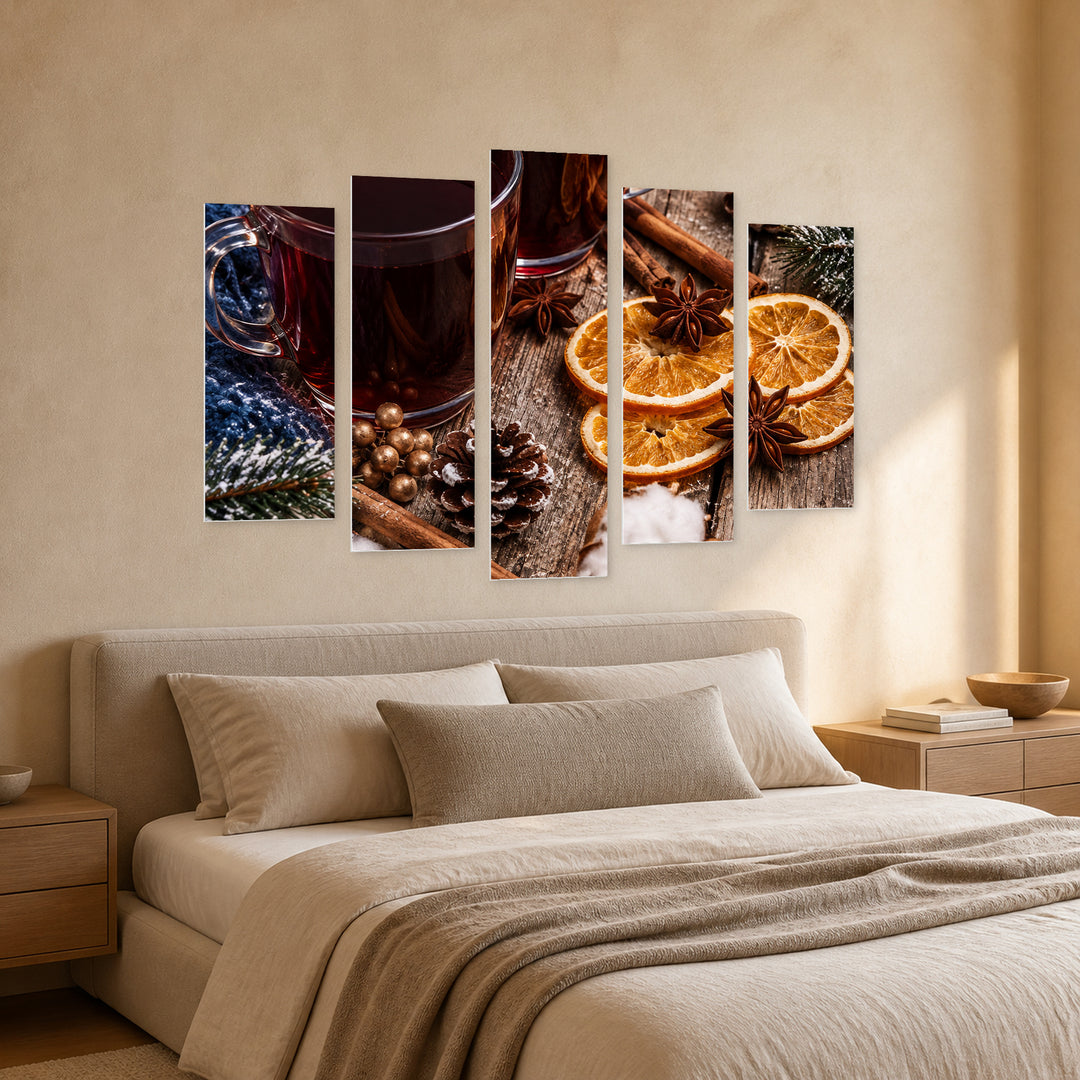 Winter Coziness in Blue and Gold — five-panel wall art in perspective interior | 5wallart 57545 M2
