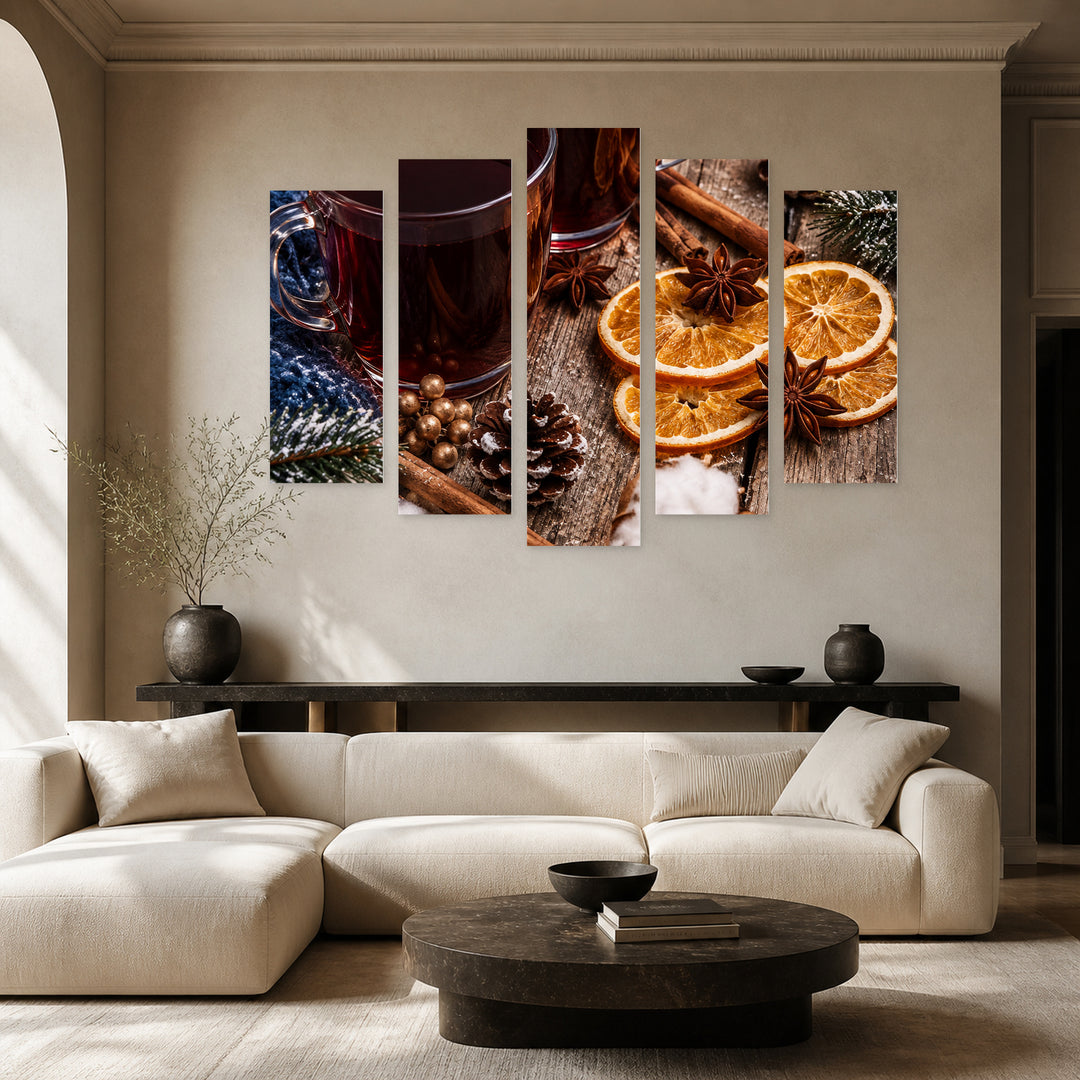 Winter Coziness in Blue and Gold — five-panel wall art in frontal interior | 5wallart 57545 M3