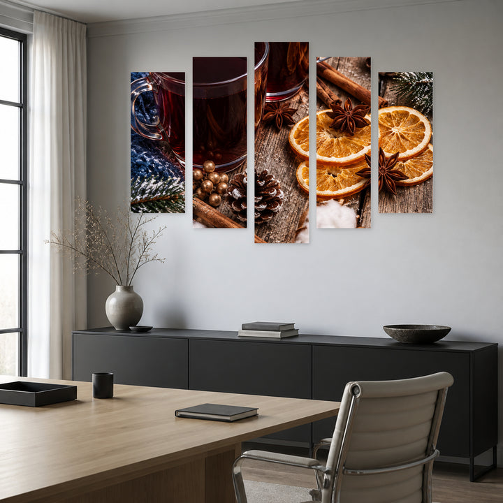 Winter Coziness in Blue and Gold — five-panel wall art in alternate frontal interior | 5wallart 57545 M4