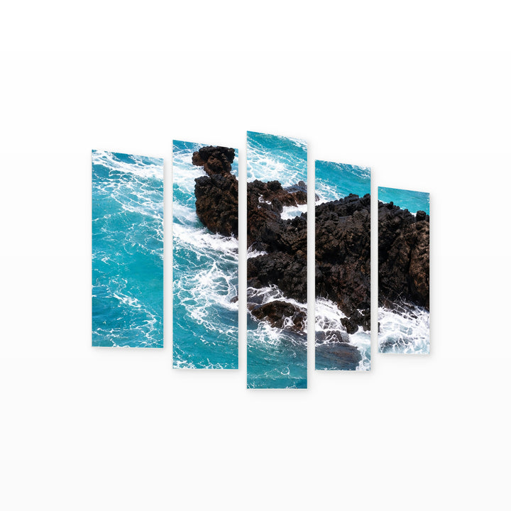 Blue Waves in Serene Light — five-panel wall art on white background in perspective | 5wallart 57546 M1