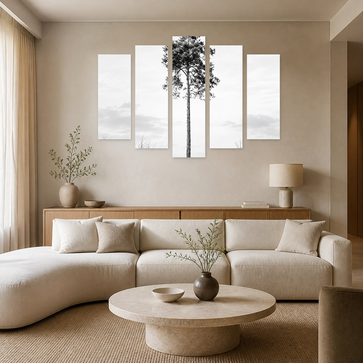 Accent Tree in Serene Light — five-panel wall art in frontal interior | 5wallart 57549 M3