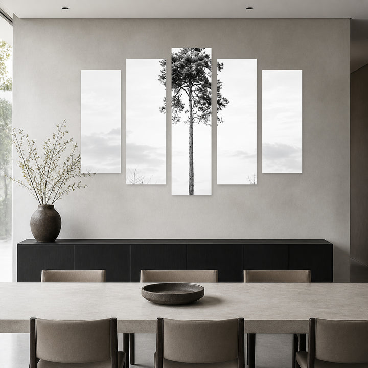 Accent Tree in Serene Light — five-panel wall art in alternate frontal interior | 5wallart 57549 M4