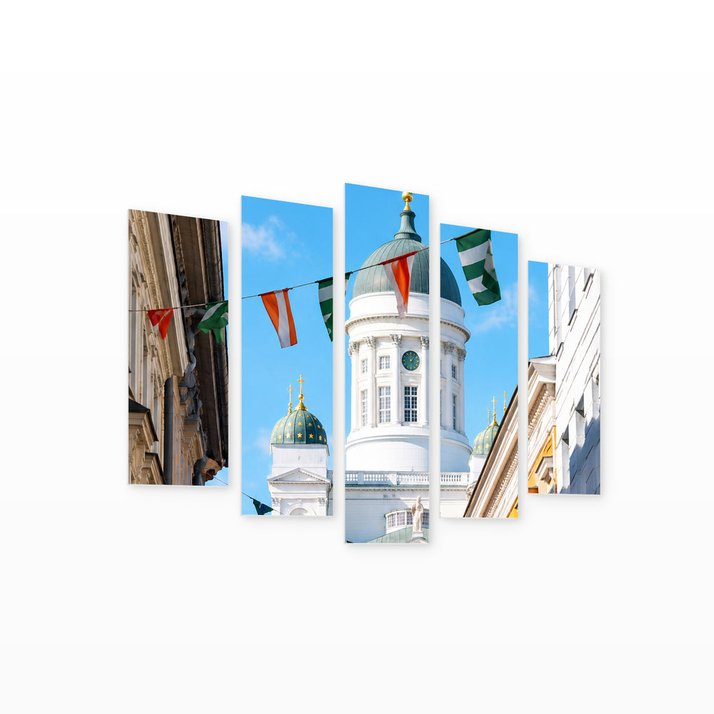 Travel! in Blue and Gold — five-panel wall art on white background in perspective | 5wallart 57550 M1