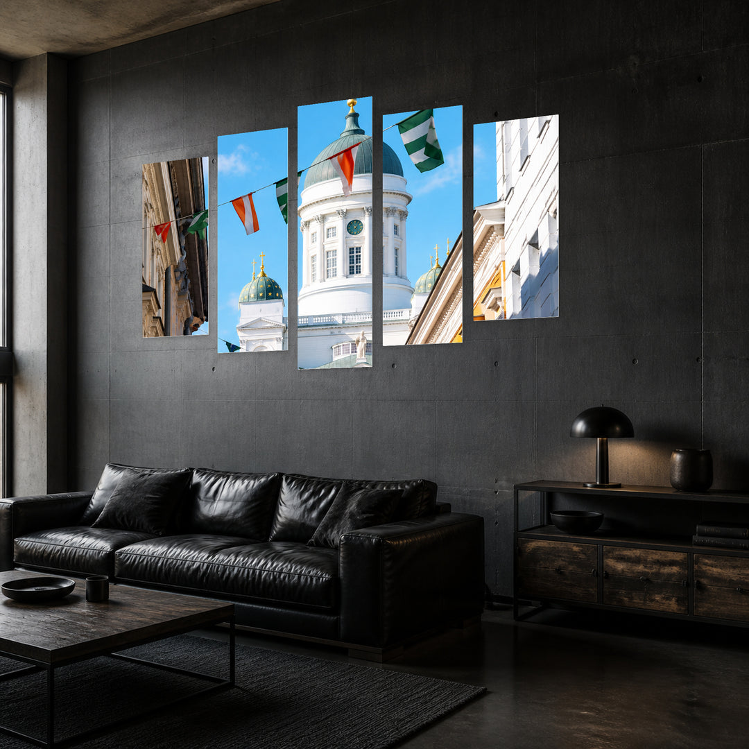 Travel! in Blue and Gold — five-panel wall art in perspective interior | 5wallart 57550 M2