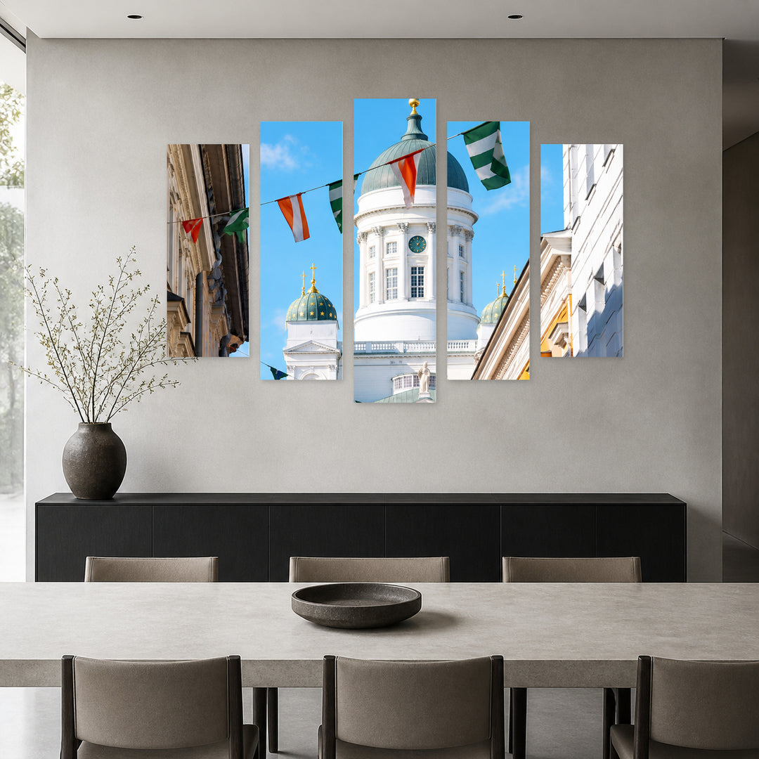 Travel! in Blue and Gold — five-panel wall art in frontal interior | 5wallart 57550 M3