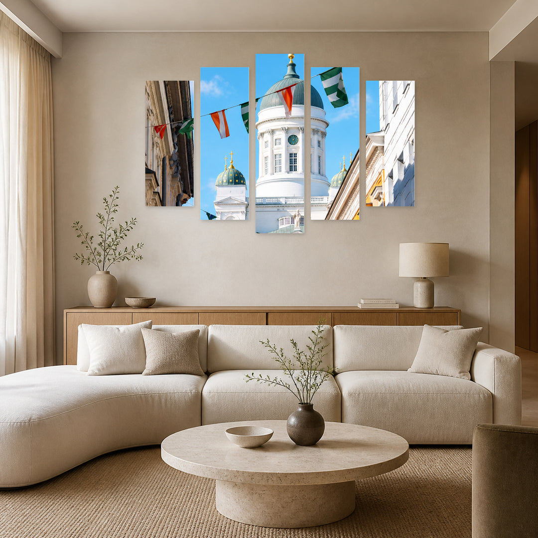 Travel! in Blue and Gold — five-panel wall art in alternate frontal interior | 5wallart 57550 M4