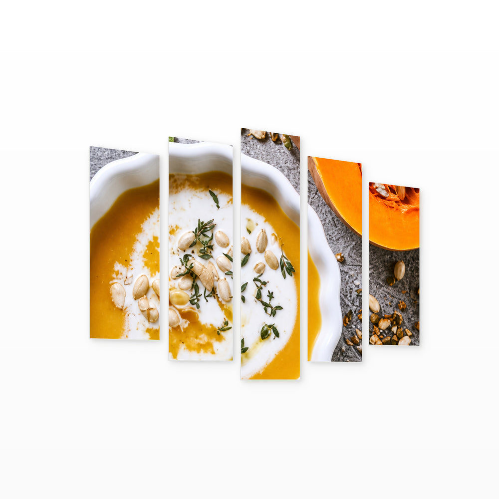 Pumpkin Cream Soup with Geometric Rhythm — five-panel wall art on white background in perspective | 5wallart 57552 M1