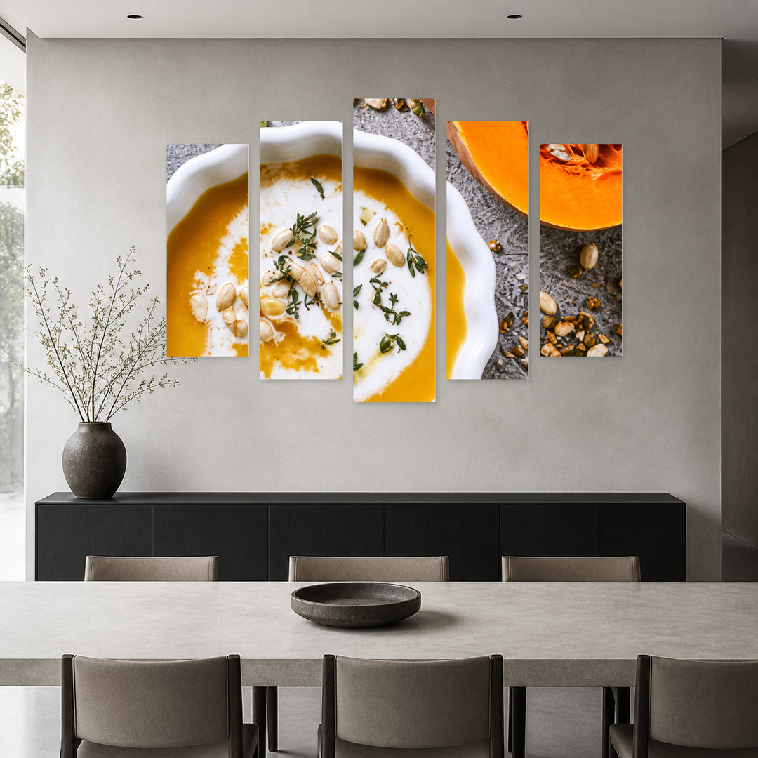 Pumpkin Cream Soup with Geometric Rhythm — five-panel wall art in frontal interior | 5wallart 57552 M3