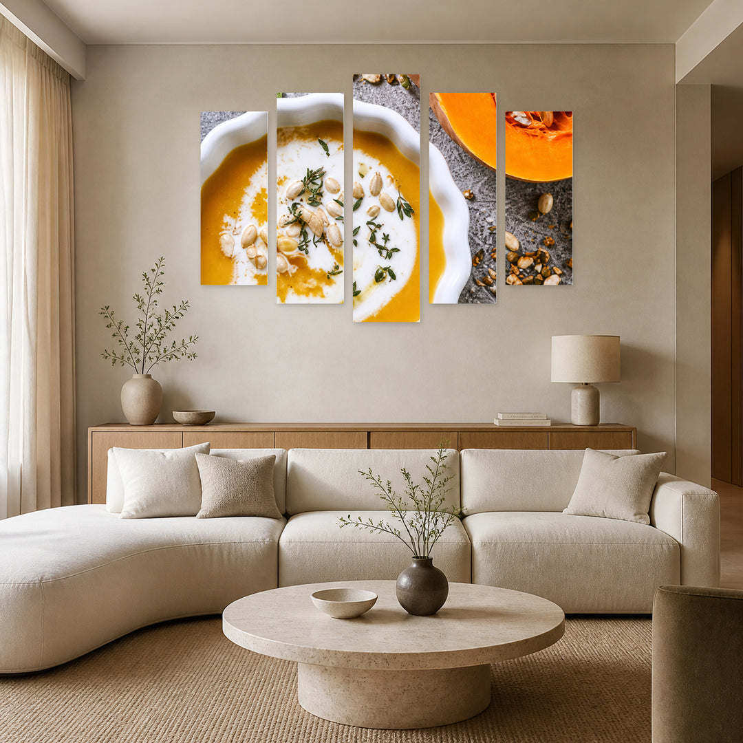 Pumpkin Cream Soup with Geometric Rhythm — five-panel wall art in alternate frontal interior | 5wallart 57552 M4