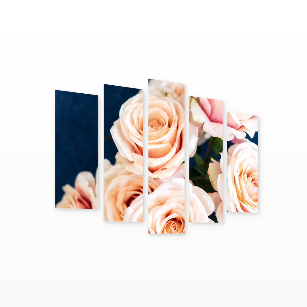 Roses on Blue Background in Serene Light — five-panel wall art on white background in perspective | 5wallart 57554 M1