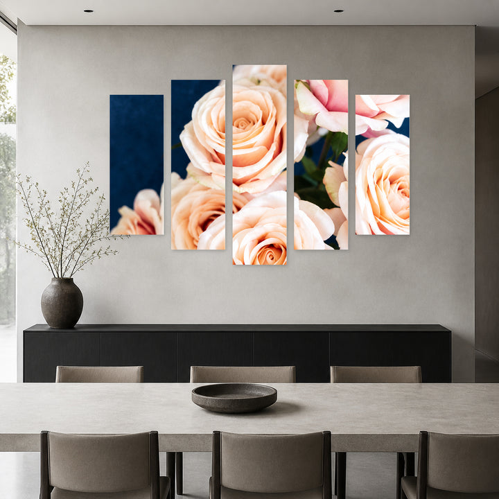 Roses on Blue Background in Serene Light — five-panel wall art in frontal interior | 5wallart 57554 M3