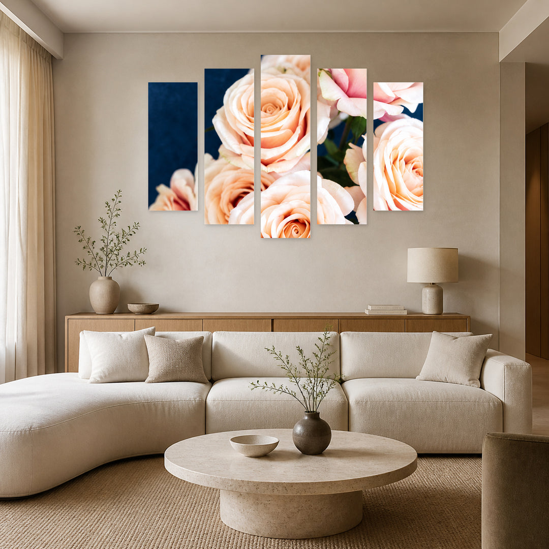 Roses on Blue Background in Serene Light — five-panel wall art in alternate frontal interior | 5wallart 57554 M4