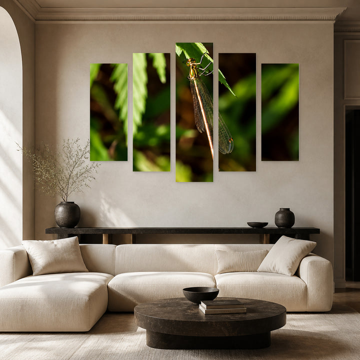 Dragonfly in Vivid Color — five-panel wall art in frontal interior | 5wallart 57557 M3