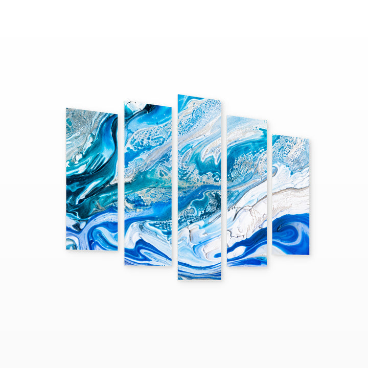 Ocean Abstraction in Serene Light — five-panel wall art on white background in perspective | 5wallart 57558 M1