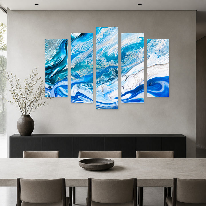 Ocean Abstraction in Serene Light — five-panel wall art in frontal interior | 5wallart 57558 M3