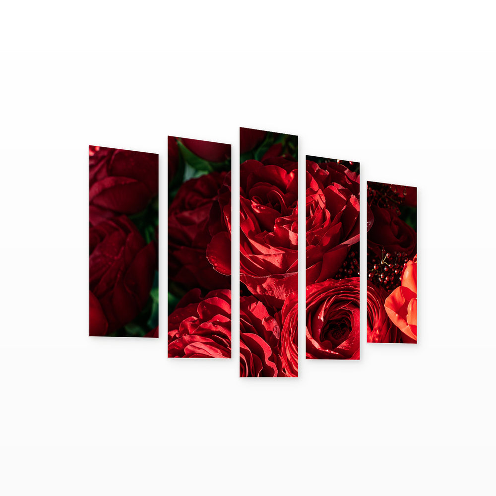 Scarlet Roses with Geometric Rhythm — five-panel wall art on white background in perspective | 5wallart 57559 M1