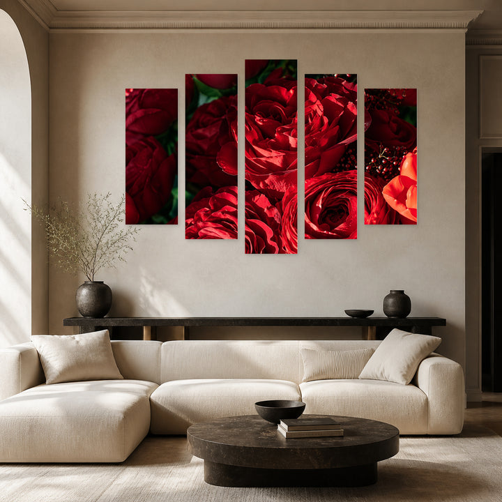 Scarlet Roses with Geometric Rhythm — five-panel wall art in frontal interior | 5wallart 57559 M3