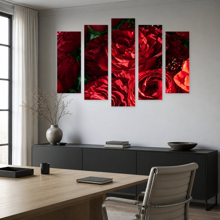 Scarlet Roses with Geometric Rhythm — five-panel wall art in alternate frontal interior | 5wallart 57559 M4