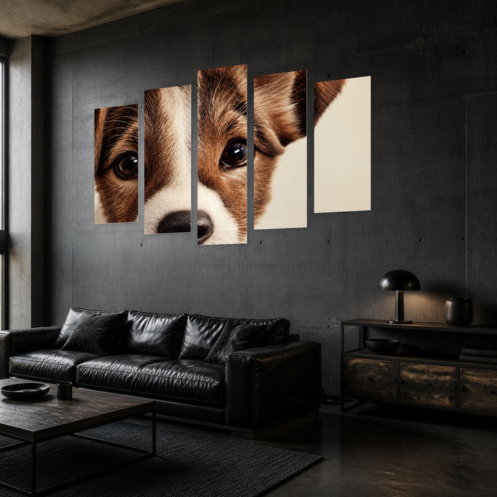 Sweet Little Dog in Serene Light — five-panel wall art in perspective interior | 5wallart 57560 M2
