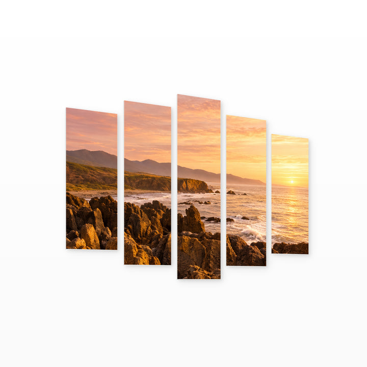 Rocky Beach in Serene Light — five-panel wall art on white background in perspective | 5wallart 57561 M1