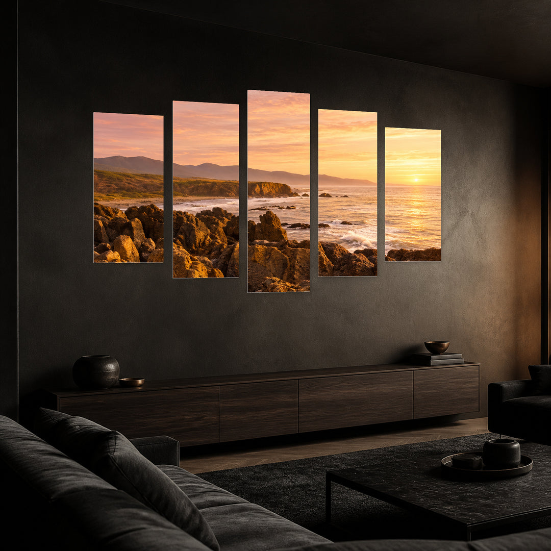 Rocky Beach in Serene Light — five-panel wall art in perspective interior | 5wallart 57561 M2