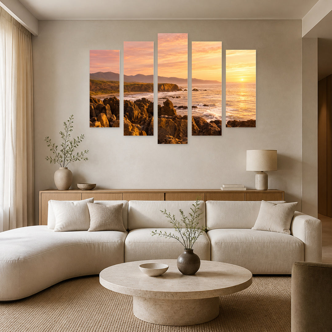 Rocky Beach in Serene Light — five-panel wall art in frontal interior | 5wallart 57561 M3