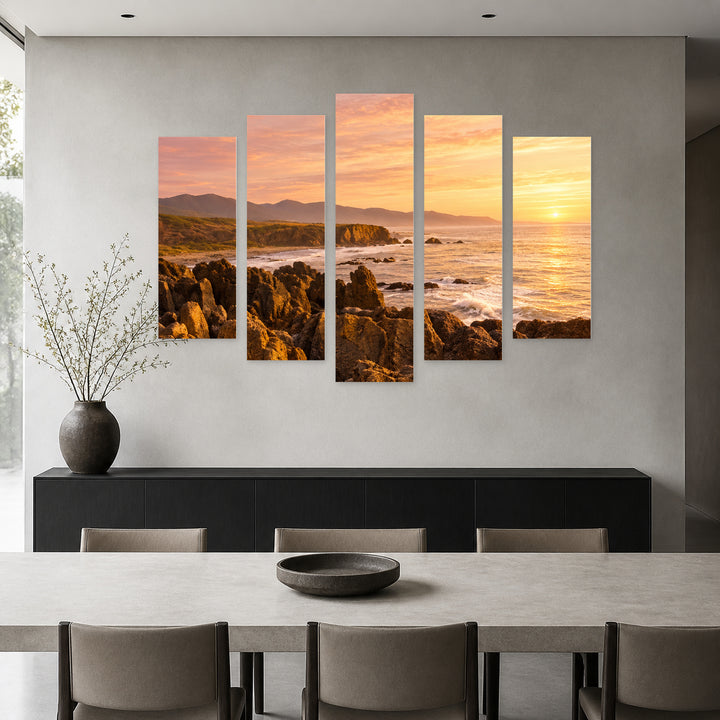 Rocky Beach in Serene Light — five-panel wall art in alternate frontal interior | 5wallart 57561 M4