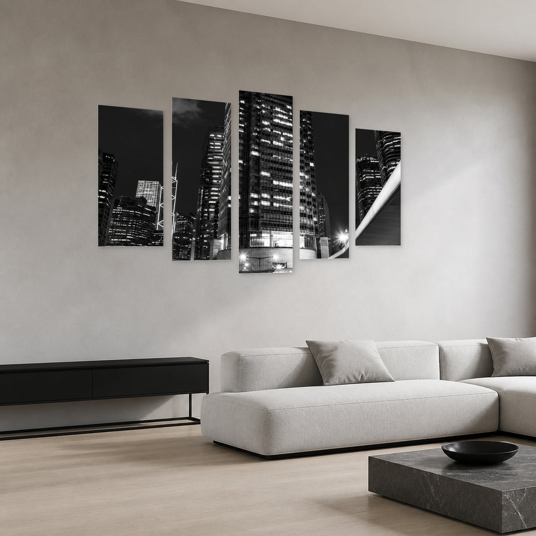 Night Movement Urban Panorama — five-panel wall art in perspective interior | 5wallart 57562 M2