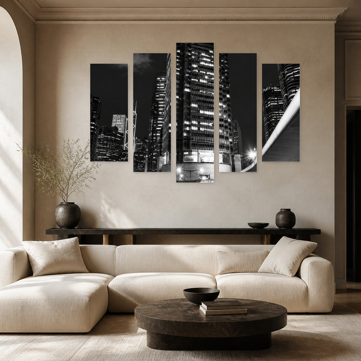 Night Movement Urban Panorama — five-panel wall art in alternate frontal interior | 5wallart 57562 M4