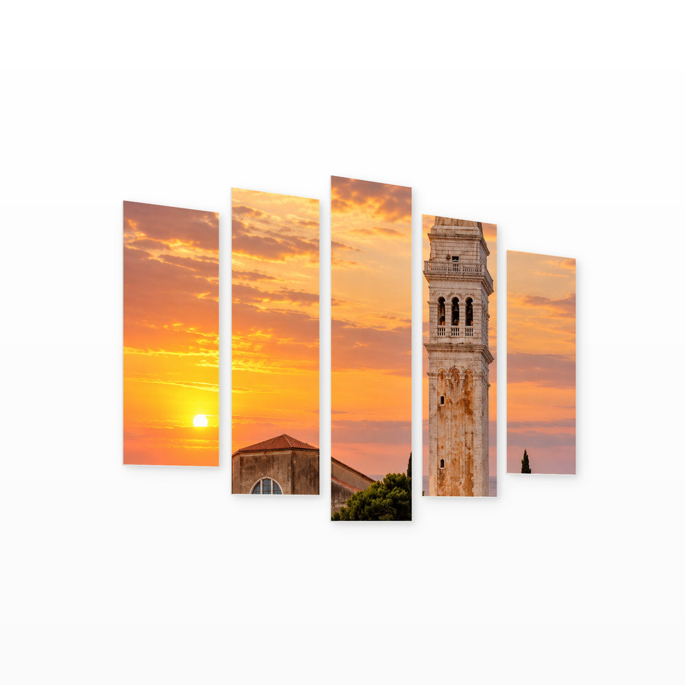 Bell Tower of St. Euphemia at Golden Sunset — five-panel wall art on white background in perspective | 5wallart 57565 M1