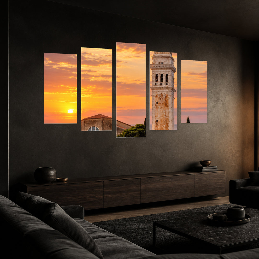 Bell Tower of St. Euphemia at Golden Sunset — five-panel wall art in perspective interior | 5wallart 57565 M2