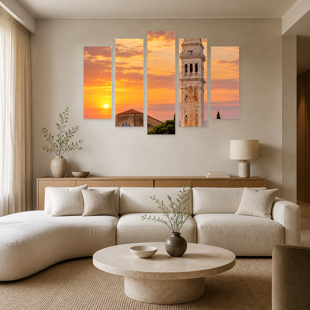 Bell Tower of St. Euphemia at Golden Sunset — five-panel wall art in frontal interior | 5wallart 57565 M3