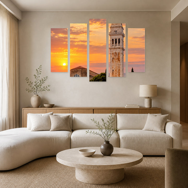 Bell Tower of St. Euphemia at Golden Sunset — five-panel wall art in frontal interior | 5wallart 57565 M3